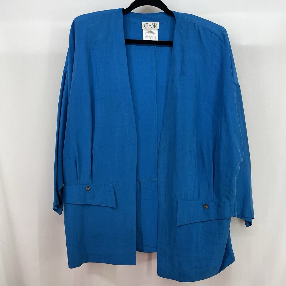 CHAR 100% SILK Jacket Size 8 /‎ Large Vintage Open Front Cobalt Blue Should Pads